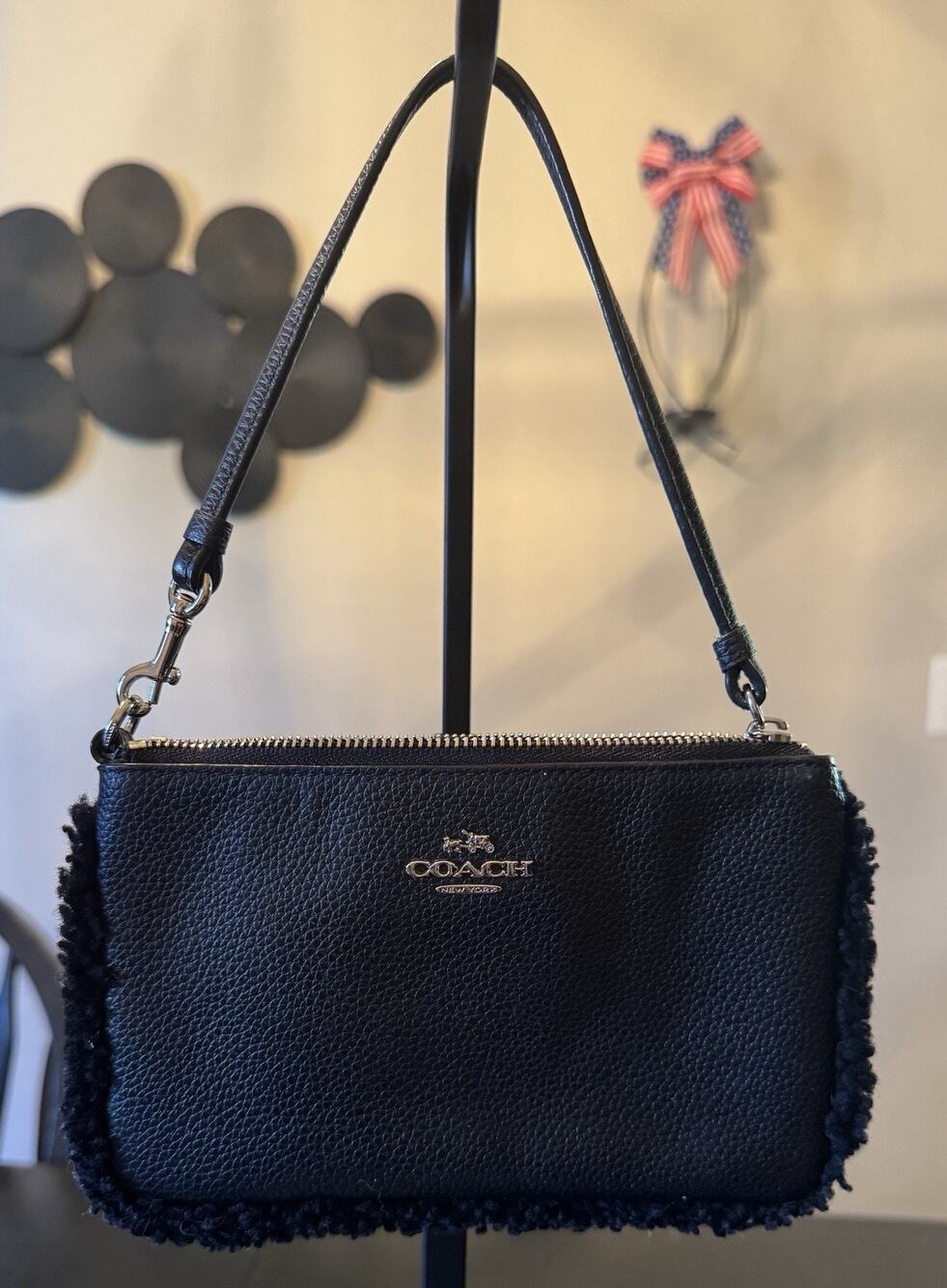 Coach Black Pebbled Leather Wristlet With Shearling Trim